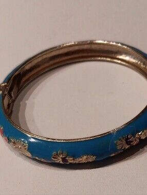 Turquoise Enamel Floral Hinged Bangle Bracelet